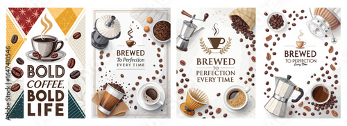 Coffee-themed graphic design featuring brewing methods and beans in a vibrant and artistic layout.