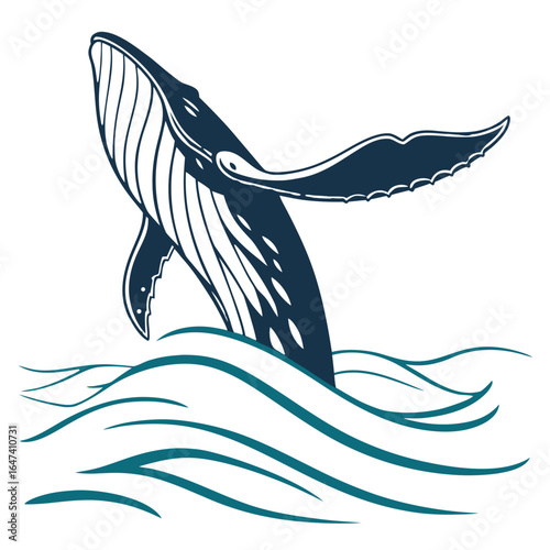 Humpback whale breaching in ocean waves, illustration