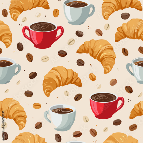 Seamless pattern with croissants, coffee cups, and coffee beans on a light background. Perfect for café, bakery, and breakfast themes