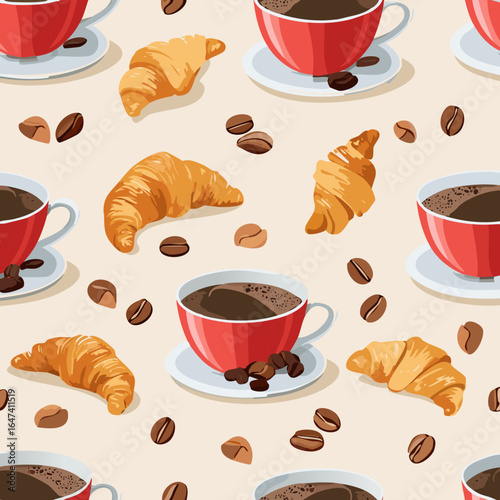 Seamless pattern with croissants, coffee cups, and coffee beans on a light background. Perfect for café, bakery, and breakfast themes