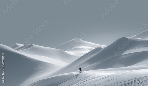 Solitary skier standing atop an endless snow-covered mountain range, high contrast monochrome with soft lighting and minimalist composition, evoking solitude in vast wilderness