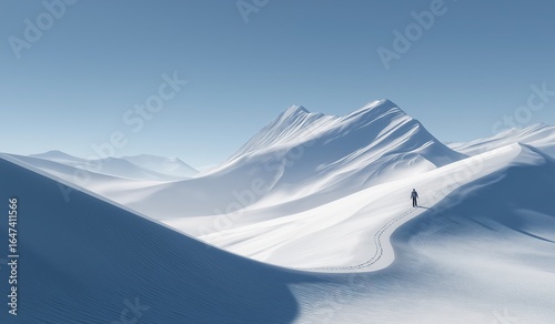 Solitary hiker silhouetted against an endless snow-covered mountain range under clear blue sky, soft lighting accentuating vast wilderness and serene solitude