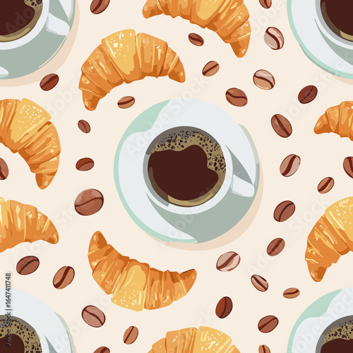 Seamless pattern with croissants, coffee cups, and coffee beans on a light background. Perfect for café, bakery, and breakfast themes