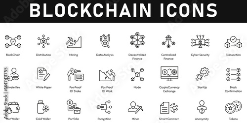 Block Chain Icons vector illustration with thin line editable stroke contains tokens, anonymity, smart contract, encryption, portfolio, wallet, pos-proof, finance, data mining, distribution, startup