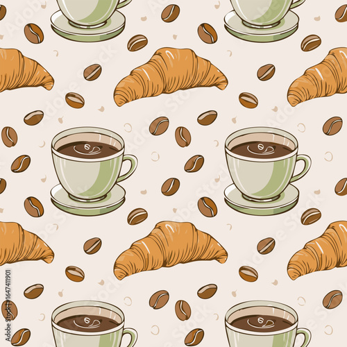 Seamless pattern with croissants, coffee cups, and coffee beans on a light background. Perfect for café, bakery, and breakfast themes
