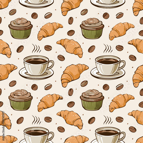 Seamless pattern with croissants, coffee cups, and coffee beans on a light background. Perfect for café, bakery, and breakfast themes