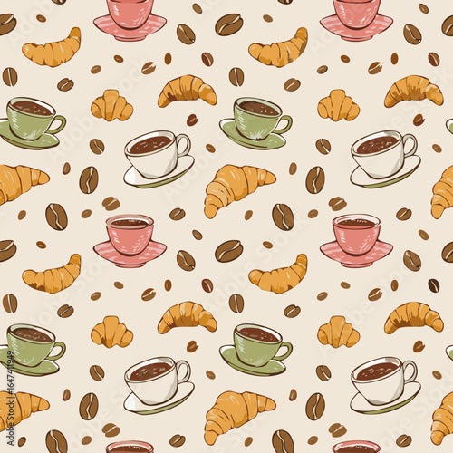 Seamless pattern with croissants, coffee cups, and coffee beans on a light background. Perfect for café, bakery, and breakfast themes