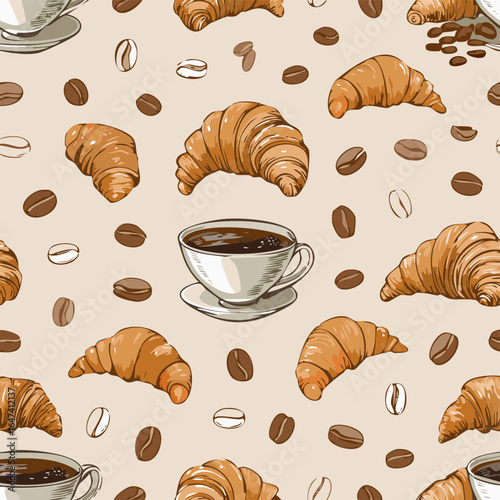 Seamless pattern with croissants, coffee cups, and coffee beans on a light background. Perfect for café, bakery, and breakfast themes
