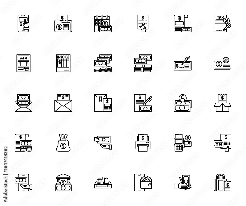 Bill and payment icon set. Finance vector collection. Includes online payment, receipt, invoice, taxes, credit card, wallet, cash, banking and more. Editable stroke. Bill and payment icon set. Finance vector collection. Includes online payment, receipt, invoice, taxes, credit card, wallet, cash, banking and more. Editable stroke.