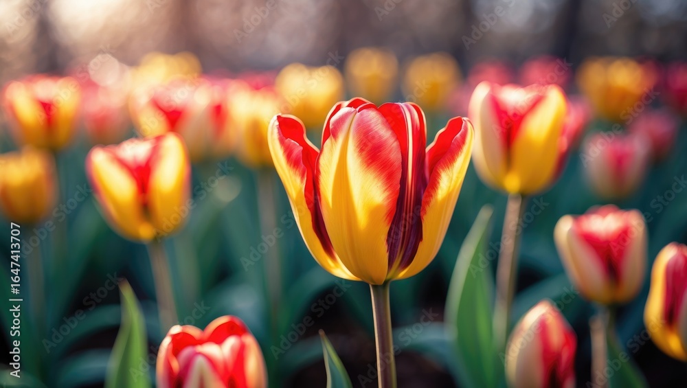Fototapeta premium Colorful tulips with red and yellow petals in a garden, vibrant flowers in full bloom in spring.