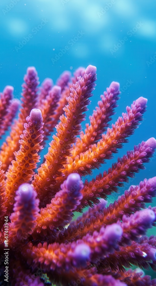Fototapeta premium Colorful coral reef with vibrant pink and orange hues in a tropical underwater environment