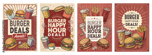 Colorful retro-style burger promotion posters featuring delicious burgers, fries, and drinks.