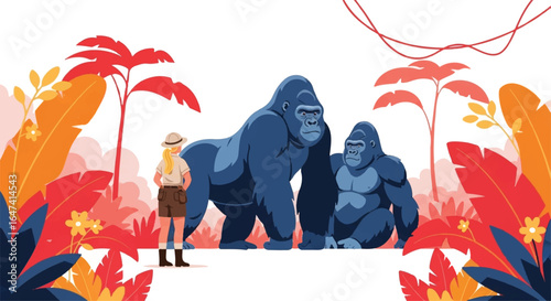 Explorer Woman with Two Gorillas in Tropical Jungle Illustration
