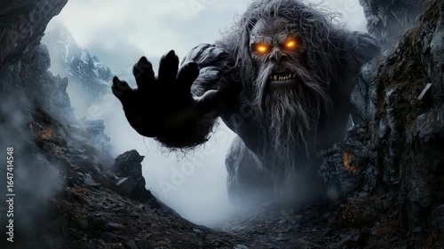 Giant monster glowing eyes in rocky cave fog mountain eerie atmosphere misty landscape reaching forward evoking fear power mysterious creature
