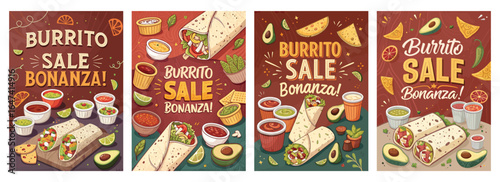 Colorful illustrations of burrito sale bonanza with various toppings and sauces in a festive mood.