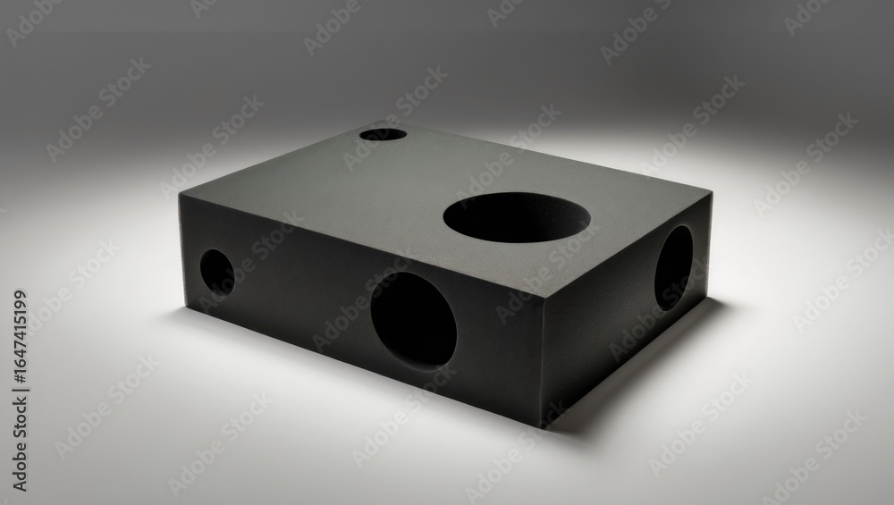 Obraz premium A rectangular black box with multiple circular holes on its sides and top.