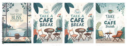 Charming coffee-themed illustrations promoting relaxation and cafe culture, featuring warm colors and inviting designs.