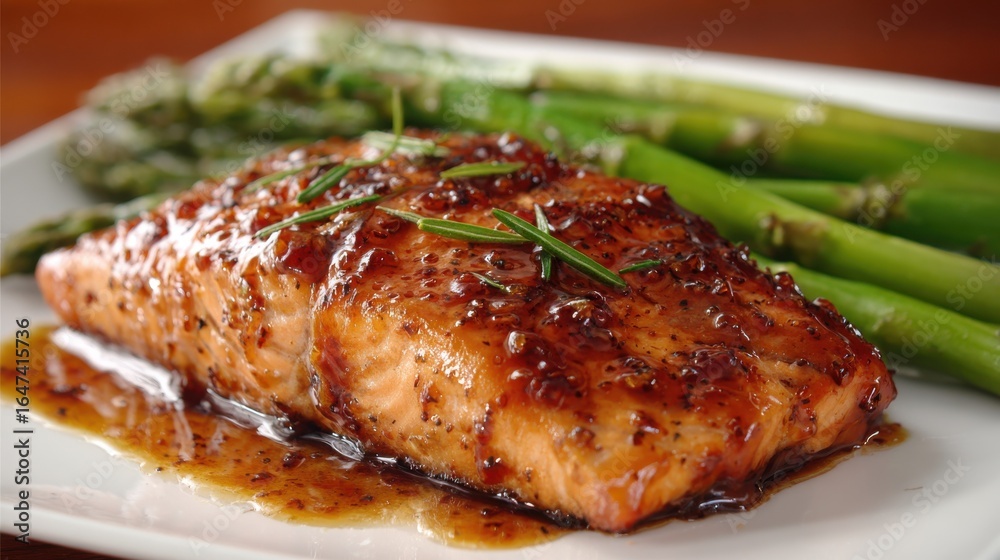A beautifully cooked salmon fillet is garnished with herbs and served alongside fresh asparagus, creating a healthy and appetizing dish perfect for any meal A beautifully cooked salmon fillet is garnished with herbs and served alongside fresh asparagus, creating a healthy and appetizing dish perfect for any meal