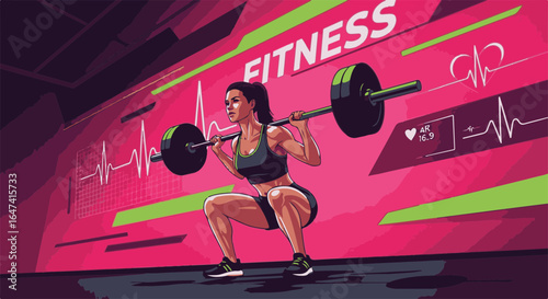 Woman doing barbell squats in a modern gym