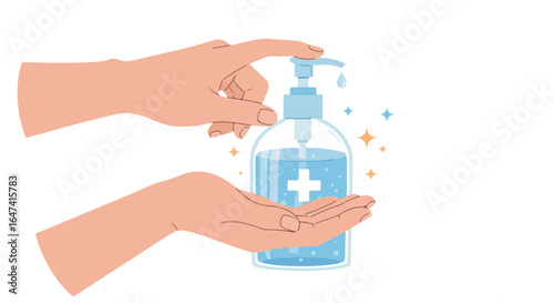 Hands using hand sanitizer from a pump bottle