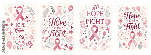 A collection of four pink-themed posters promoting hope in the fight against breast cancer.