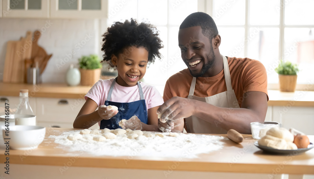 Authentic cooking at home: Joyful African father and daughter at home, creating dumpling together, flour cover, enjoying lovely authentic cooking moment Authentic cooking at home: Joyful African father and daughter at home, creating dumpling together, flour cover, enjoying lovely authentic cooking moment