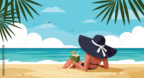 Woman in sun hat relaxing on a tropical beach