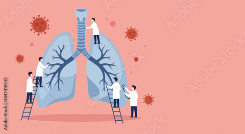 Doctors examining human lungs with virus cells