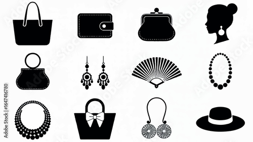 A black and white icon set of fashion accessories arranged in a 3x4 grid 