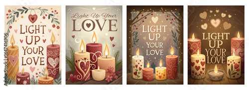 Colorful candle designs celebrating love with warm tones, hearts, and charming decorations.