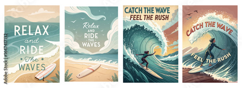 Colorful surf-themed illustrations capturing the essence of relaxation and adventure by the ocean.