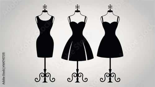 A black and white illustration of three dress form mannequins displaying different styles of cocktail dresses
