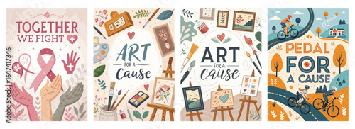 Four vibrant illustrations promoting art and charity events focused on community support.