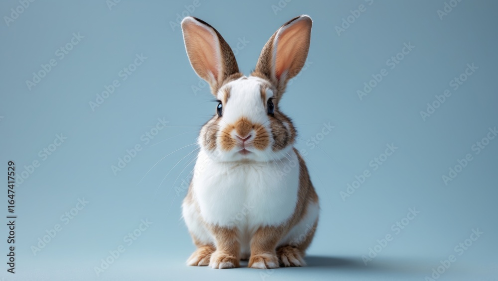 Obraz premium A cute rabbit with large ears and brown and white fur on a plain blue background.