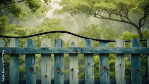 Wallpaper Mural A wooden fence with painted planks in front of lush green trees and foliage on a foggy morning. Torontodigital.ca