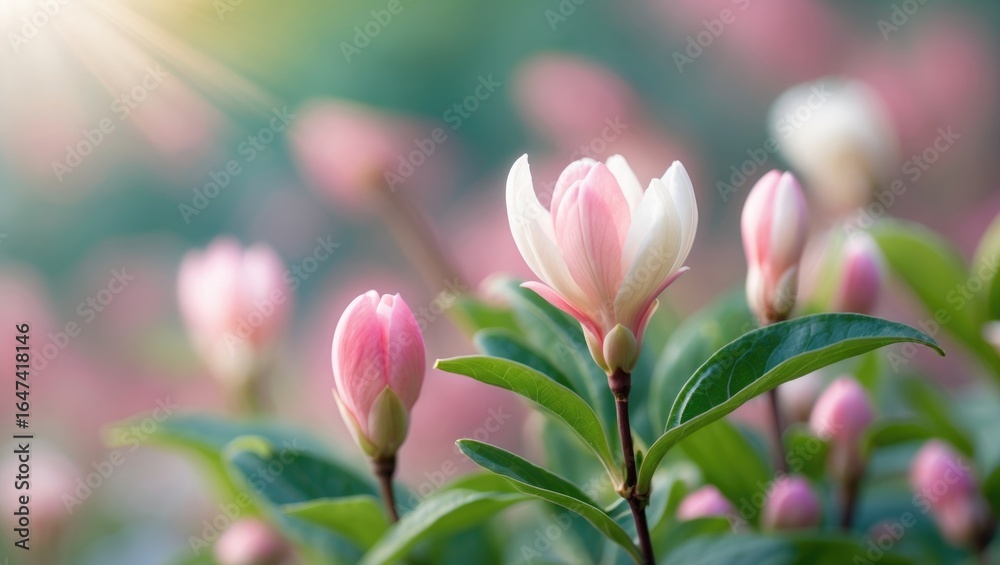 Fototapeta premium Pink flower buds and green leaves with sunlight shining through, background blurred.