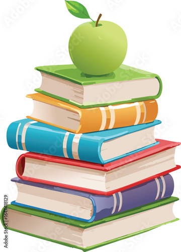Stacked Books with Red Apple on Top as Education Symbol