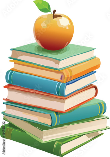 Stacked Books with Red Apple on Top as Education Symbol