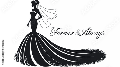 A black and white silhouette illustration of a bride in a long, flowing wedding gown with a dramatic train 