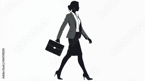 A black and white silhouette illustration of a businesswoman in a professional business suit