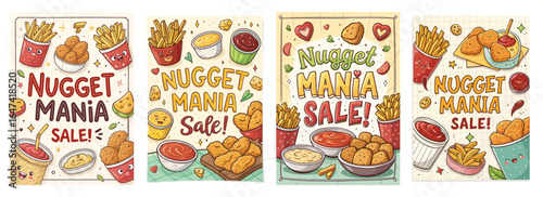 Colorful and playful illustrations promoting a Nugget Mania Sale with delicious food items.