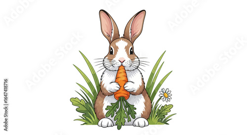 adorable bunny rabbit enjoying a crunchy carrot in lush green grass perfect for childrens books easter cards and springtime designs