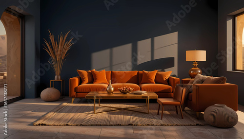 Luxury living room interior with sofa armchairs table and fireplace