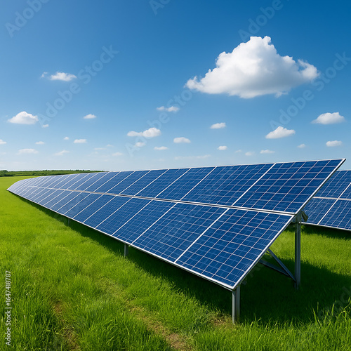 Solar panels in green field under blue sky, clean energy concept