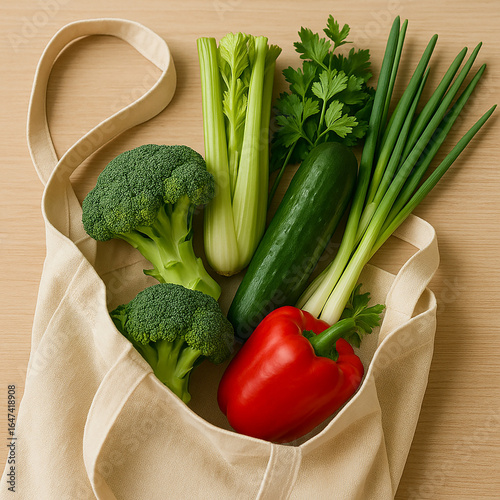 Reusable shopping bag with fresh vegetables, eco lifestyle