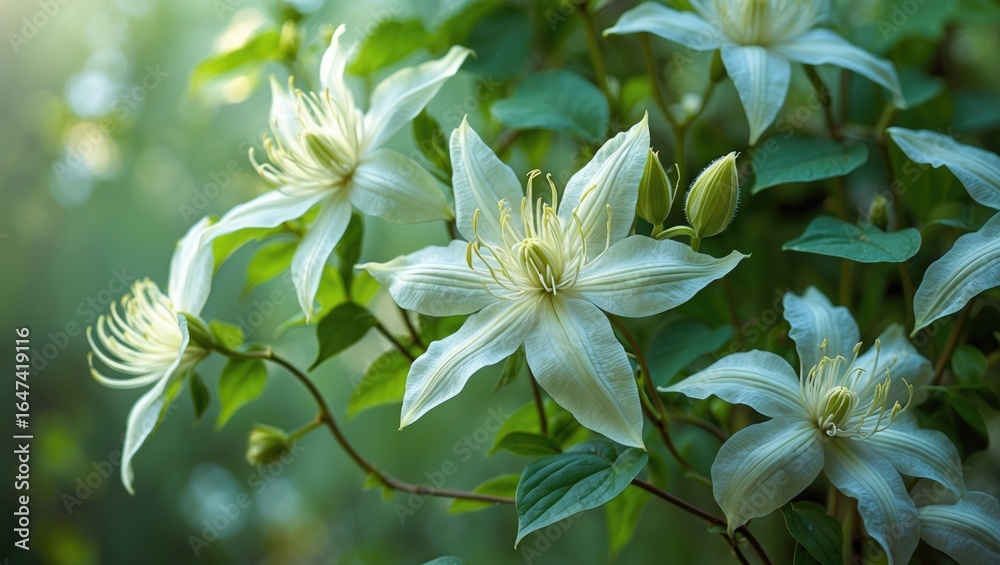 Obraz premium Cluster of white flowers on a green leafy plant, blooming in natural sunlight. Botanical nature and flowering plant, nature, and flora. The concept of flowering and botanical beauty
