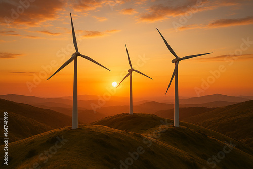 Wind turbines on hill at sunset, renewable energy theme