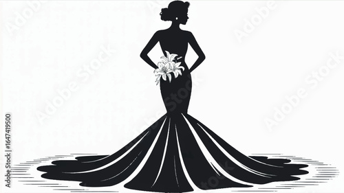 A black and white silhouette illustration of a woman in an elegant mermaid-style evening gown