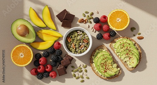A colorful overhead view of a healthy snack spread with avocado toast, mango, oranges, assorted berries, and a bowl of seeds and nuts, all on a light surface with natural shadows.