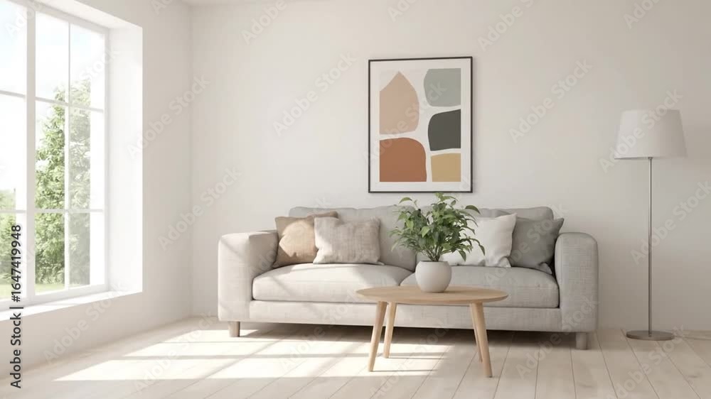 custom made wallpaper toronto digitalModern minimalist living room interior with grey sofa, abstract art, and natural light.